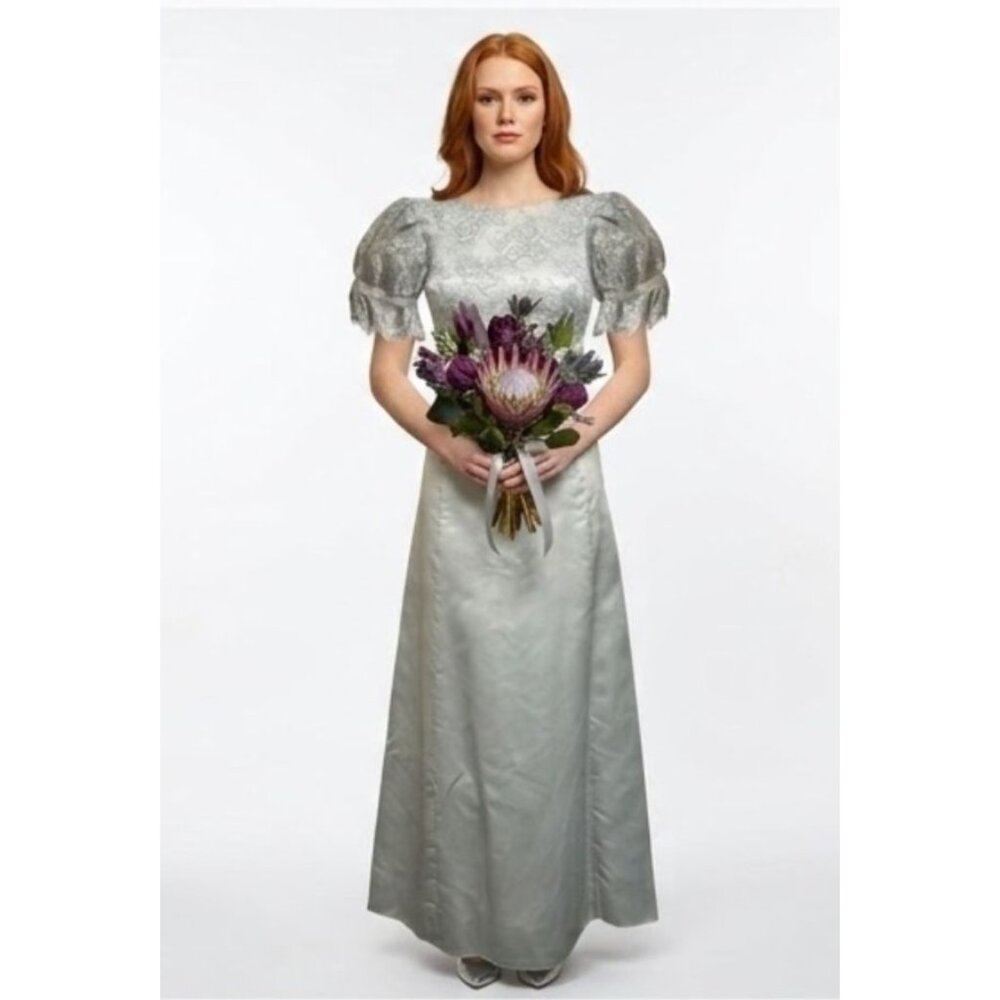 Vintage Specially Hand-Made By Marjorie Silver Lace/Satin Empire Gown Dress, Fun